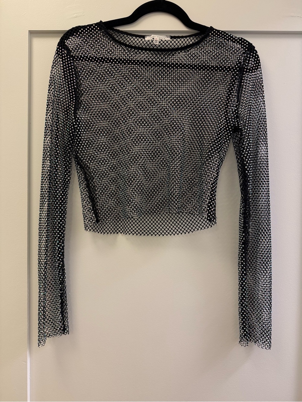 Sheer Rhinestone Mesh Long-Sleeve Crop Top - Black